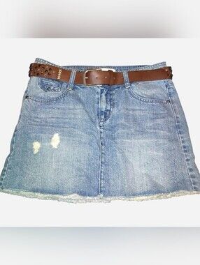 Blue Denim Mini Skirt with Brown Belt